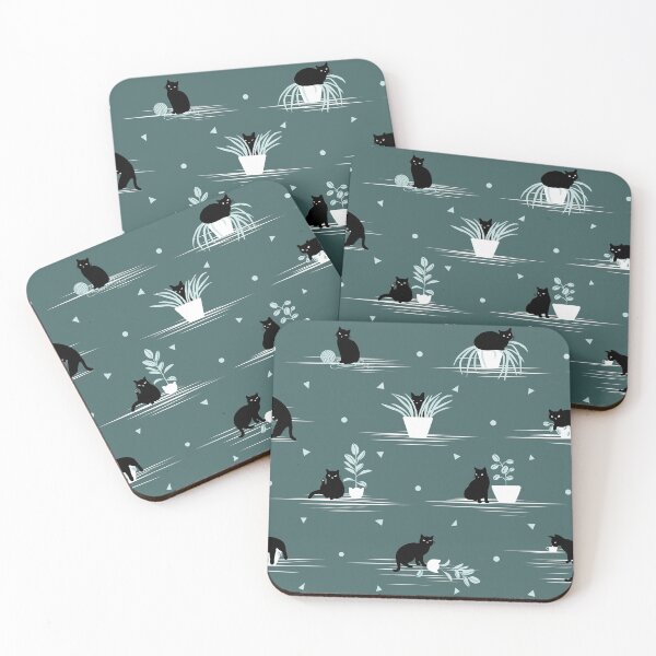 When the Black Cat is Alone at Home (Dark Green) Coasters (Set of 4)