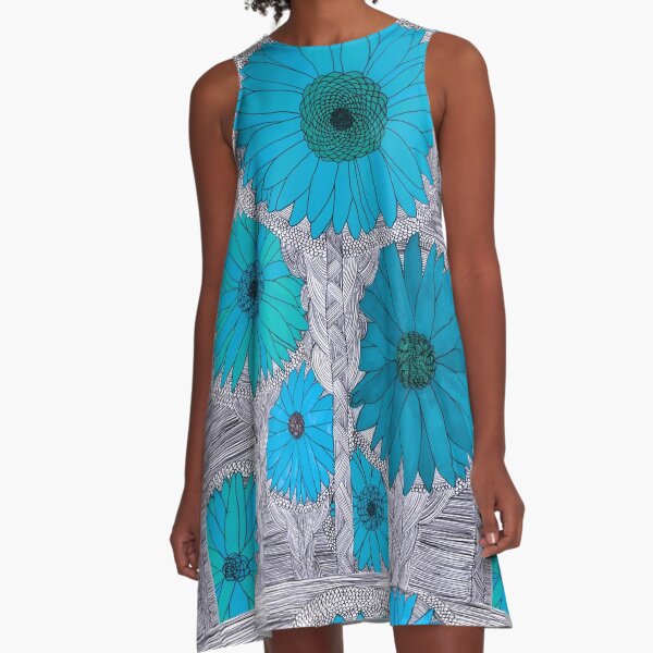 Gerbera Daisy-Teal A-Line Dress