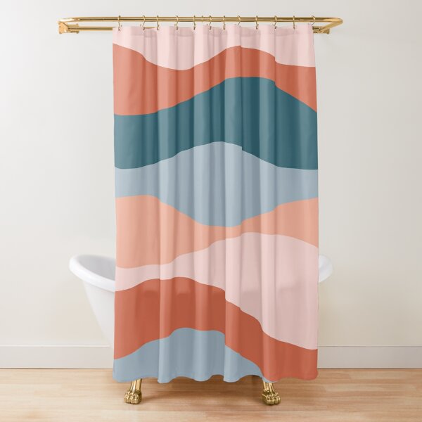 Smooth Waves in Blue and Salmon - Soothing Abstract Stripe Pattern Shower Curtain