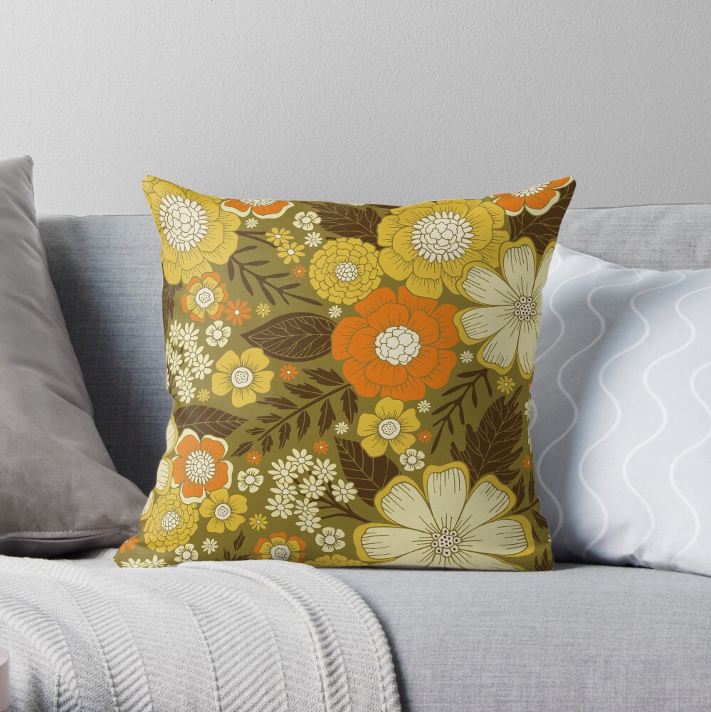 1970s Retro/Vintage Floral Pattern Throw Pillow