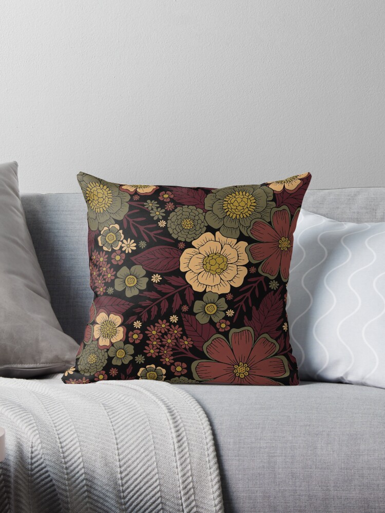 Classy Burgundy, Cream & Sage Green Floral Pattern Pillow for