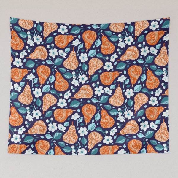 Item preview, Cheerful Pears in Orange on Navy Blue designed and sold by micklyn.