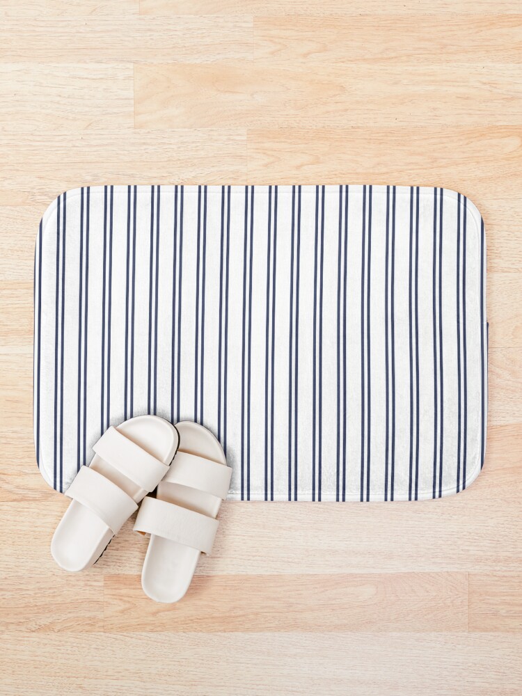 "White And Navy Double Stripes" Bath Mat by HomeLivingCo Redbubble