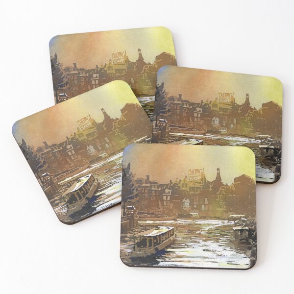 Item preview, Sunset over canals of Old Amsterdam.  Watercolor painting designed and sold by rfoxphoto.
