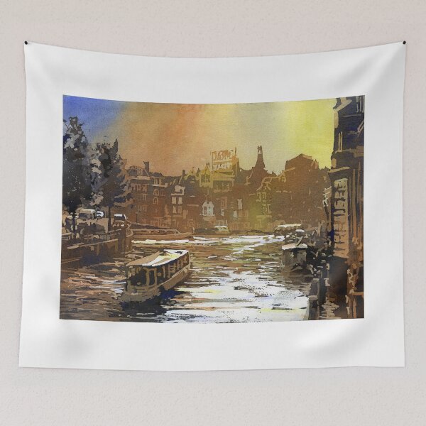 Item preview, Sunset over canals of Old Amsterdam.  Watercolor painting designed and sold by rfoxphoto.