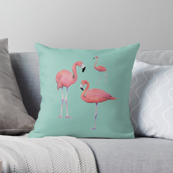 The Three Flamingos on a vintage teal background Throw Pillow