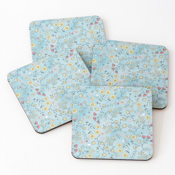 Item preview, Red and yellow ditsy flowers on aquarell blue designed and sold by colorofmagic.