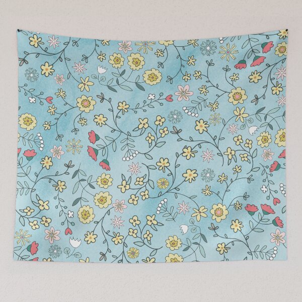 Item preview, Red and yellow ditsy flowers on aquarell blue designed and sold by colorofmagic.