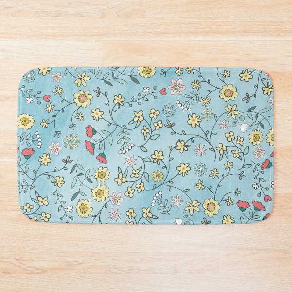 Item preview, Red and yellow ditsy flowers on aquarell blue designed and sold by colorofmagic.