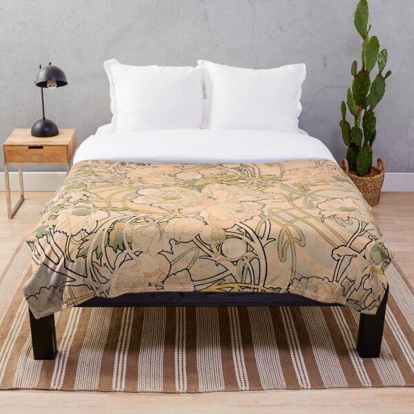 Alfonse Mucha Art Nouveau Peonies Throw Blanket