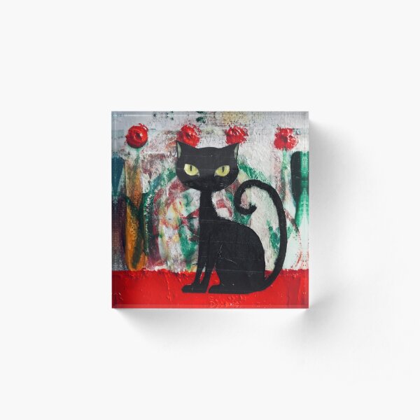 Black Cat With Red Roses Acrylic Block