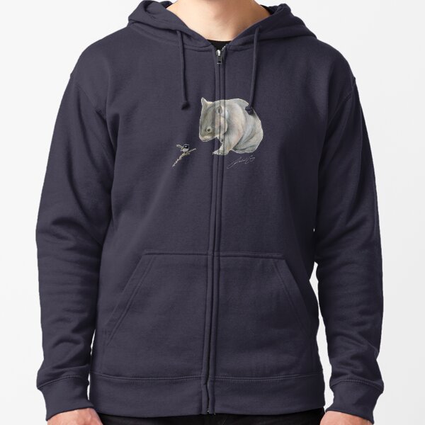 Wombat and Blue Wren Friends with signature. Superb blue fairy wren. Zipped Hoodie