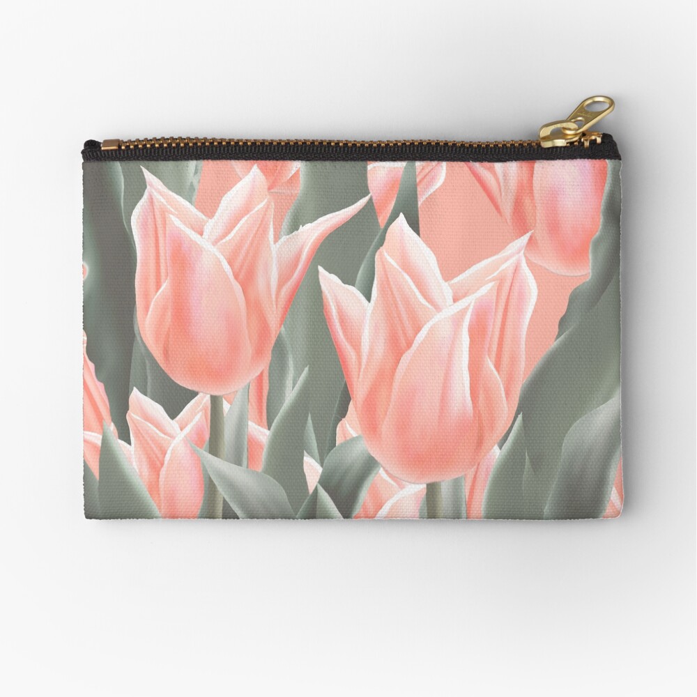 Stylish Peach Tulips Flowers Watercolor Illustration, coral pink color background Zipper Pouch