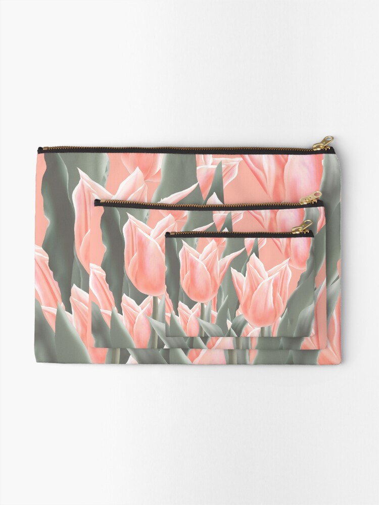 Alternate view of Stylish Peach Tulips Flowers Watercolor Illustration, coral pink color background Zipper Pouch