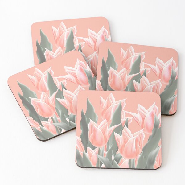 Item preview, Stylish Peach Tulips Flowers Watercolor Illustration, coral pink color background designed and sold by sofiartmedia.