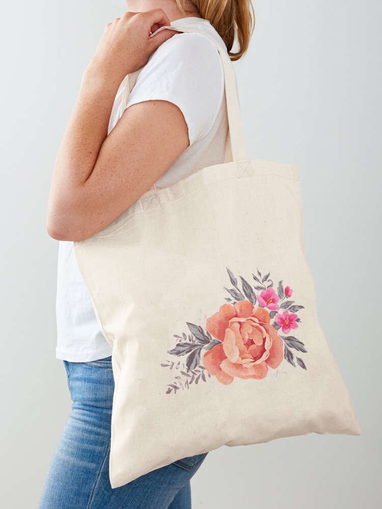 Bolsa de tela «Peonía coralina, pequeñas flores de color rosa fuerte, con  detalles en gris y malva» de ShopCharming | Redbubble