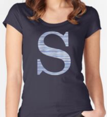Letter S Blue Watercolor Stripes Monogram Initial Women's Fitted Scoop T-Shirt