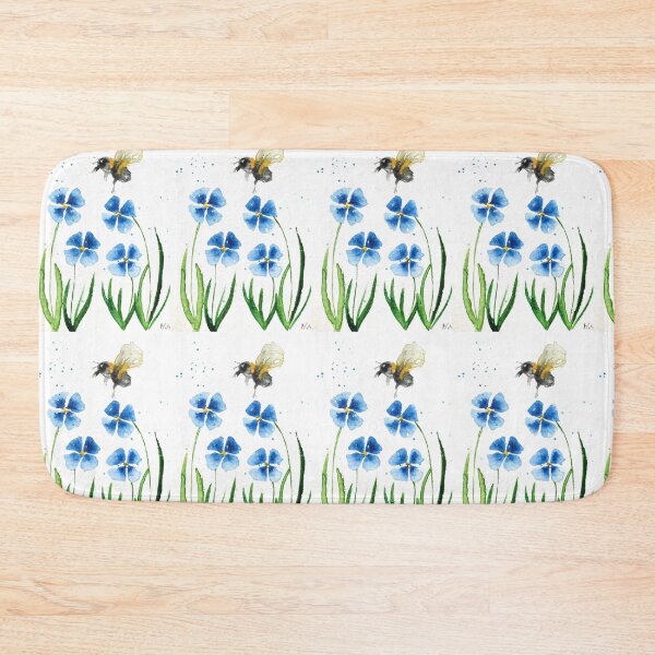 Item preview, Bumble bee and blue flowers watercolour designed and sold by Monika Howarth.