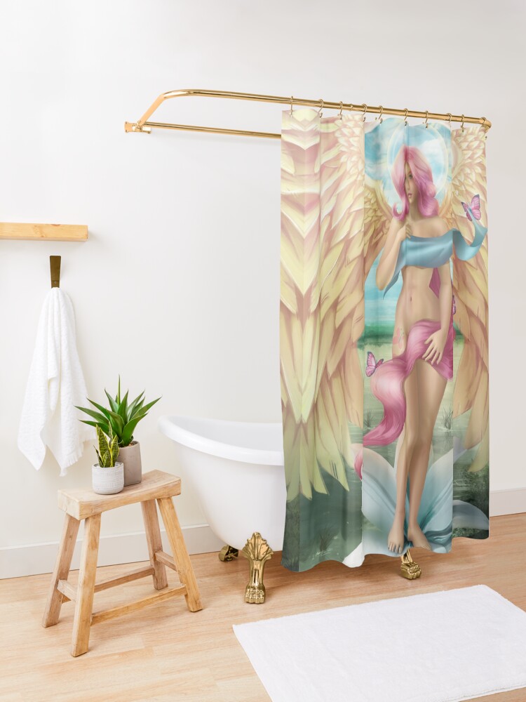 Alternate view of Birth of a Shy Angel Shower Curtain