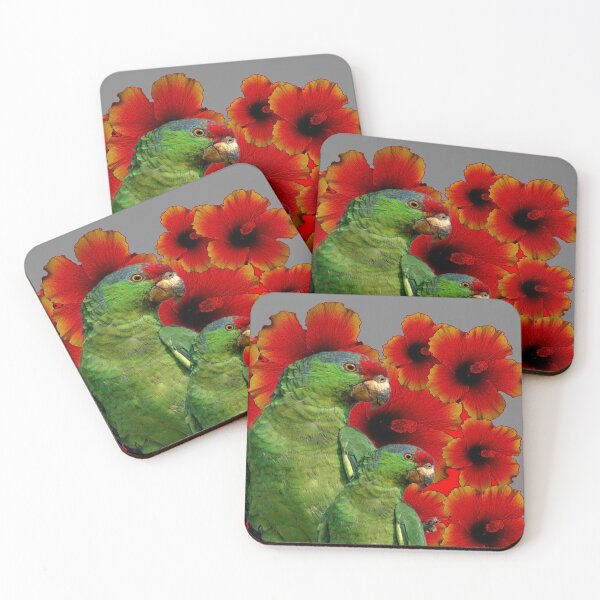Item preview, TROPICAL GREEN MACAWS & RED HIBISCUS FLOWERS GREY art designed and sold by sharlesart.
