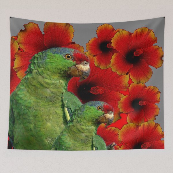 Item preview, TROPICAL GREEN MACAWS & RED HIBISCUS FLOWERS GREY art designed and sold by sharlesart.