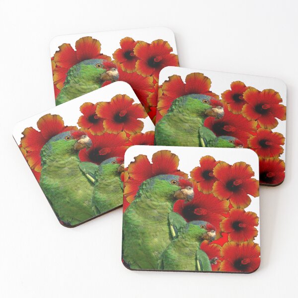 Artikelvorschau, GRÜNE TROPISCHE MACAWS, ROTE HIBISKUSBLUMEN AUF WEISSER KUNST entworfen und verkauft von sharlesart.