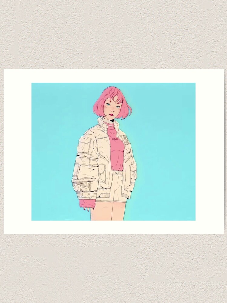 Japanese anime hipster girl with pink hair wearing baggy jacket Art Print