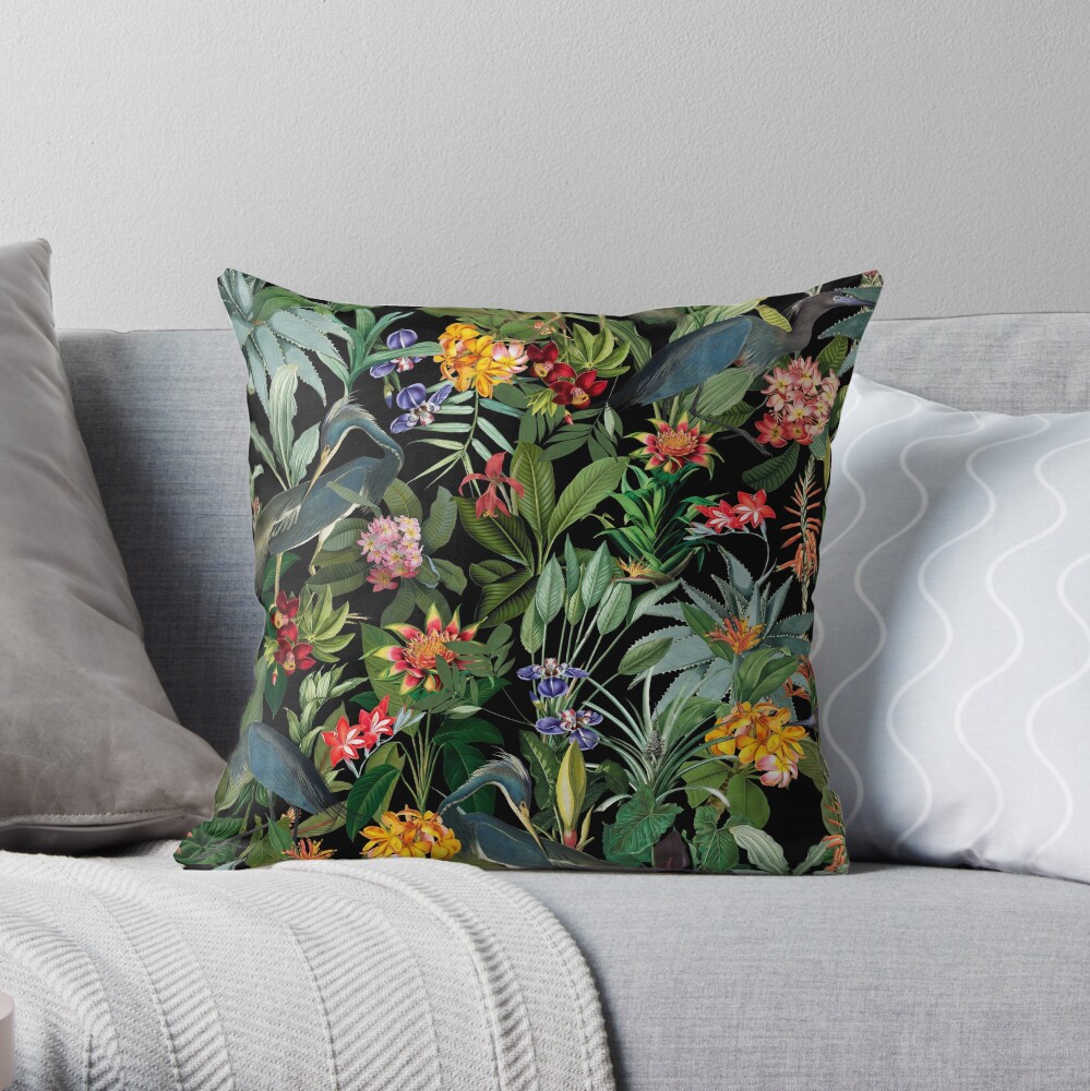 Vintage Pattern - Blue heron and tropical flowers Throw Pillow
