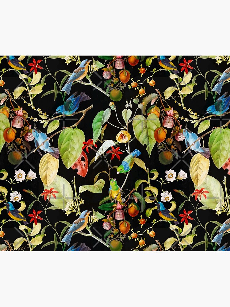 Vintage tropical sing birds and fruits pattern black by UtArt