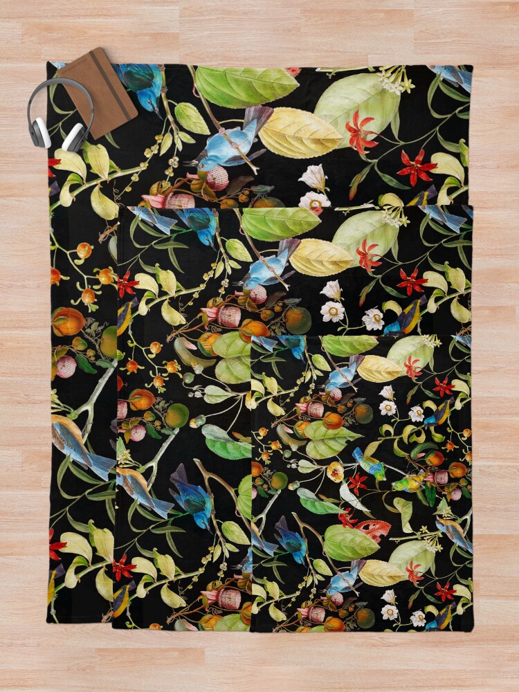 Alternate view of Vintage tropical sing birds and fruits pattern black Throw Blanket