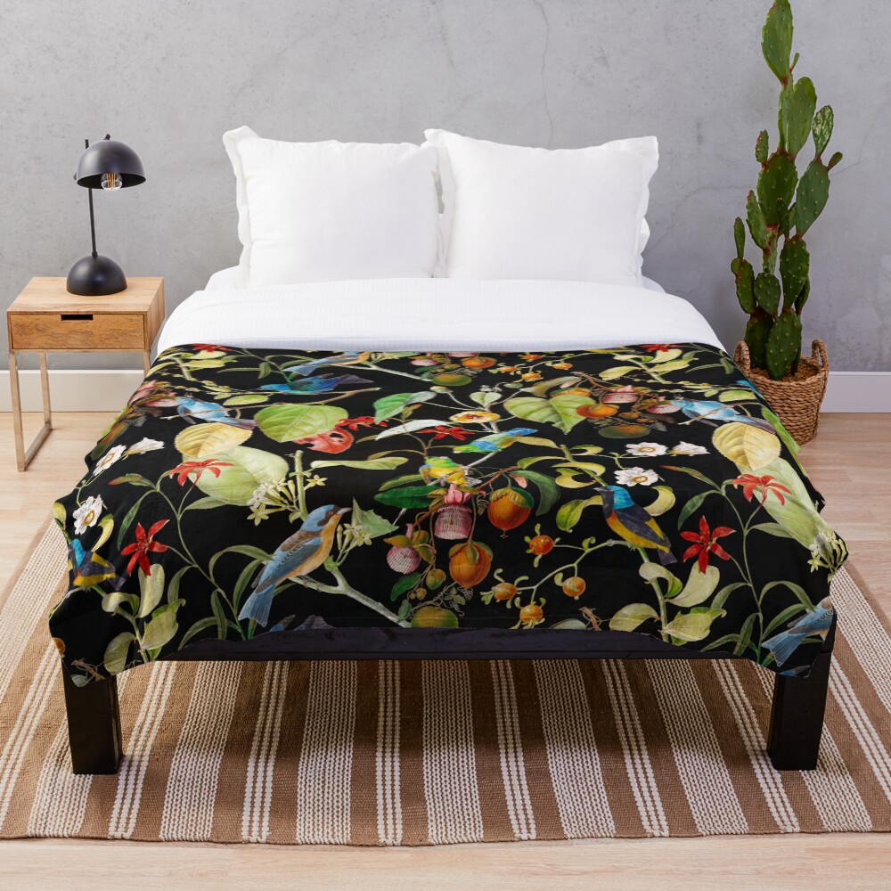 Vintage tropical sing birds and fruits pattern black Throw Blanket