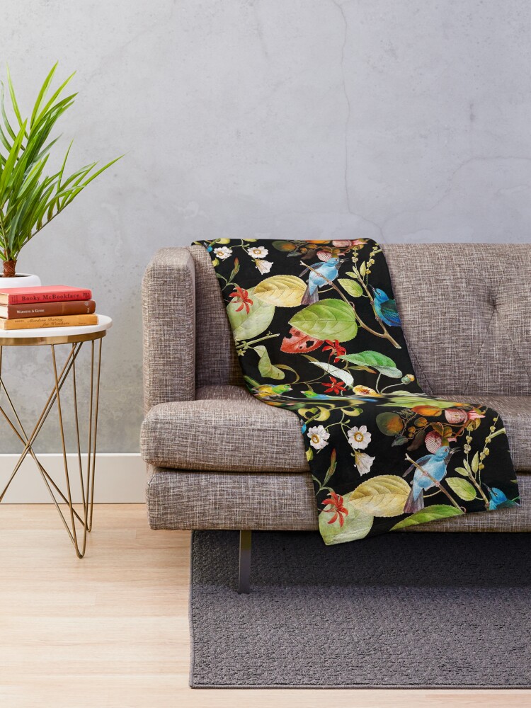 Alternate view of Vintage tropical sing birds and fruits pattern black Throw Blanket