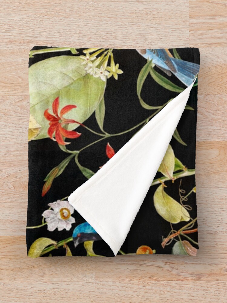 Alternate view of Vintage tropical sing birds and fruits pattern black Throw Blanket