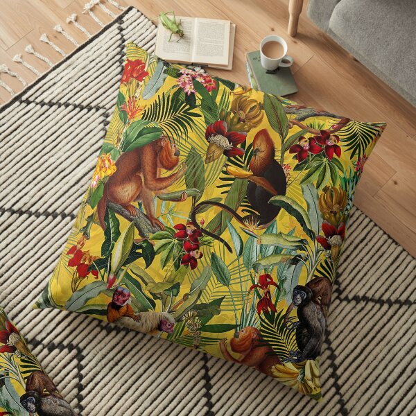 Motif jungle tropicale de singe - jaune Coussin de sol