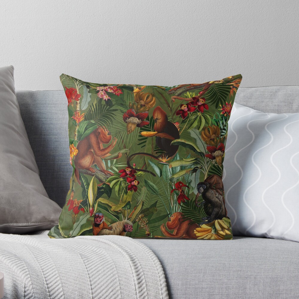 Tropical monkey jungle pattern - dark green Throw Pillow