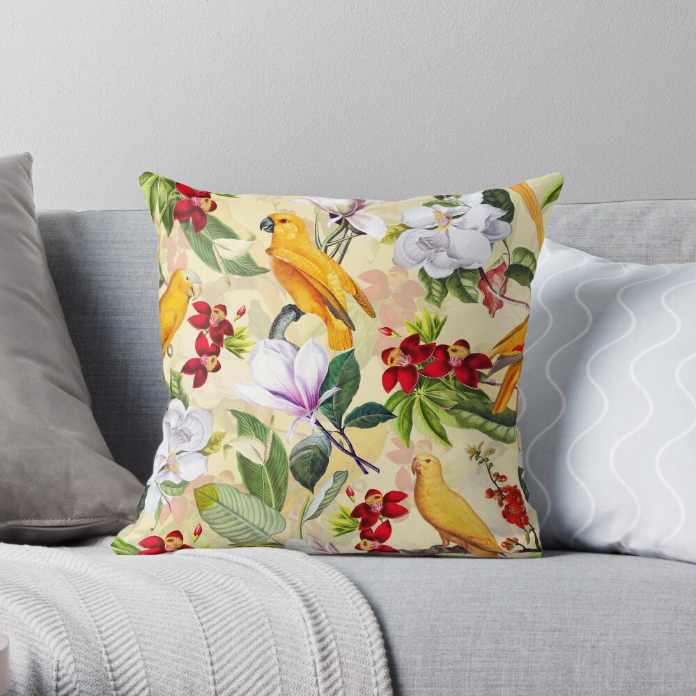 Vintage Parrot Tropical Jungle Pattern Yellow Throw Pillow