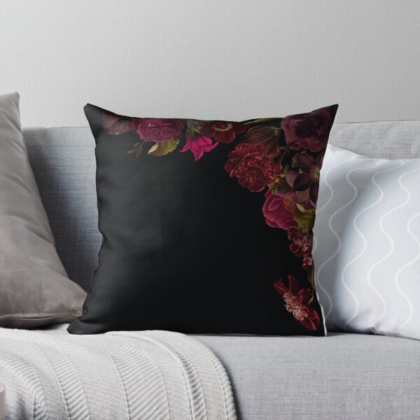 Antique dark red roses and other flowers on black Throw Pillow
