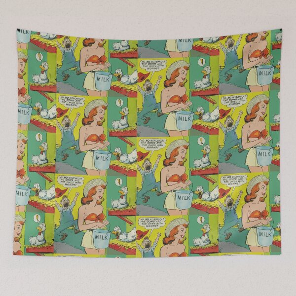 Item preview, A woman trying to milk chickens vintage comic art designed and sold by Vintage Designs +.