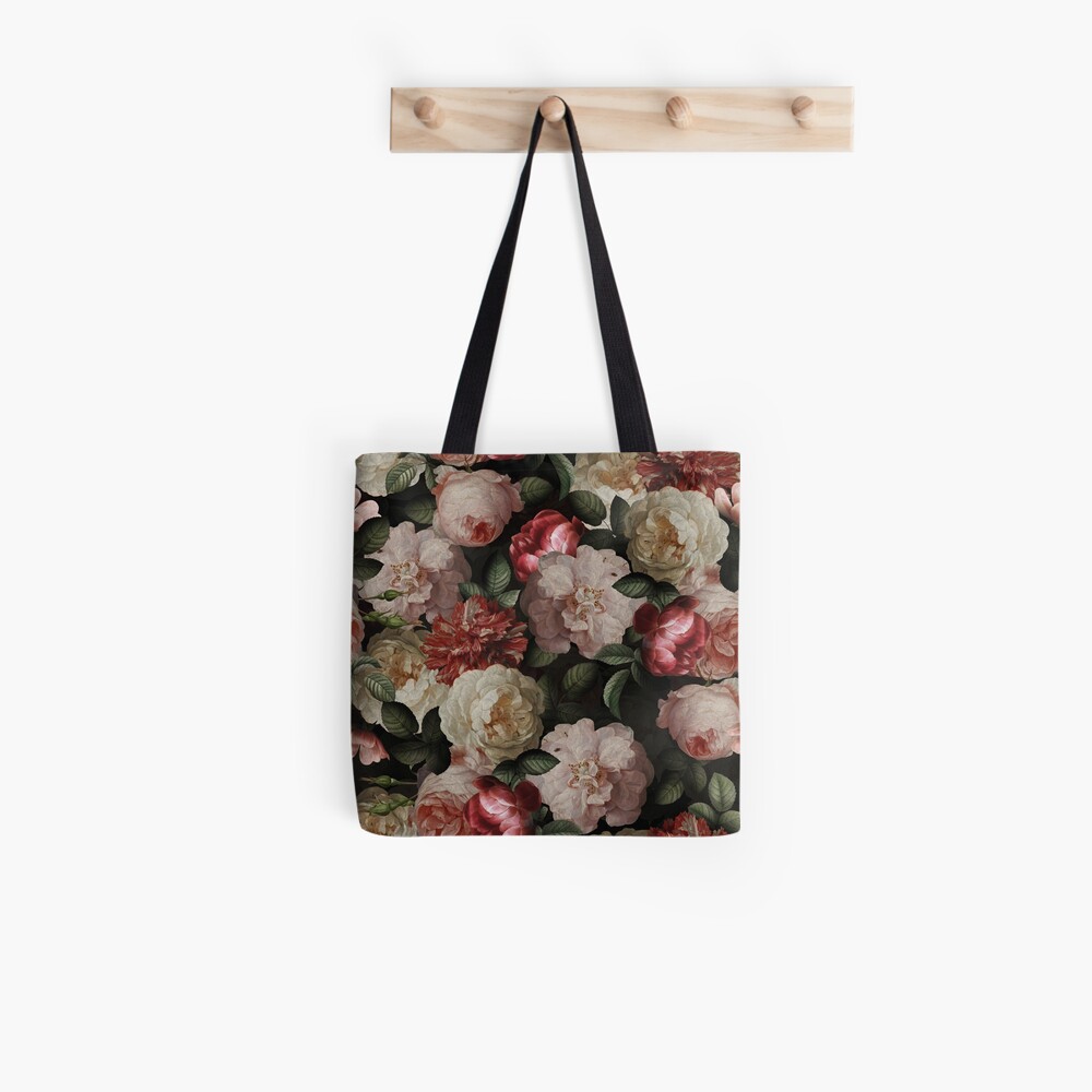 Antique Jan Davidsz. de Heem Lush Roses Flowers On Black Pattern Tote Bag