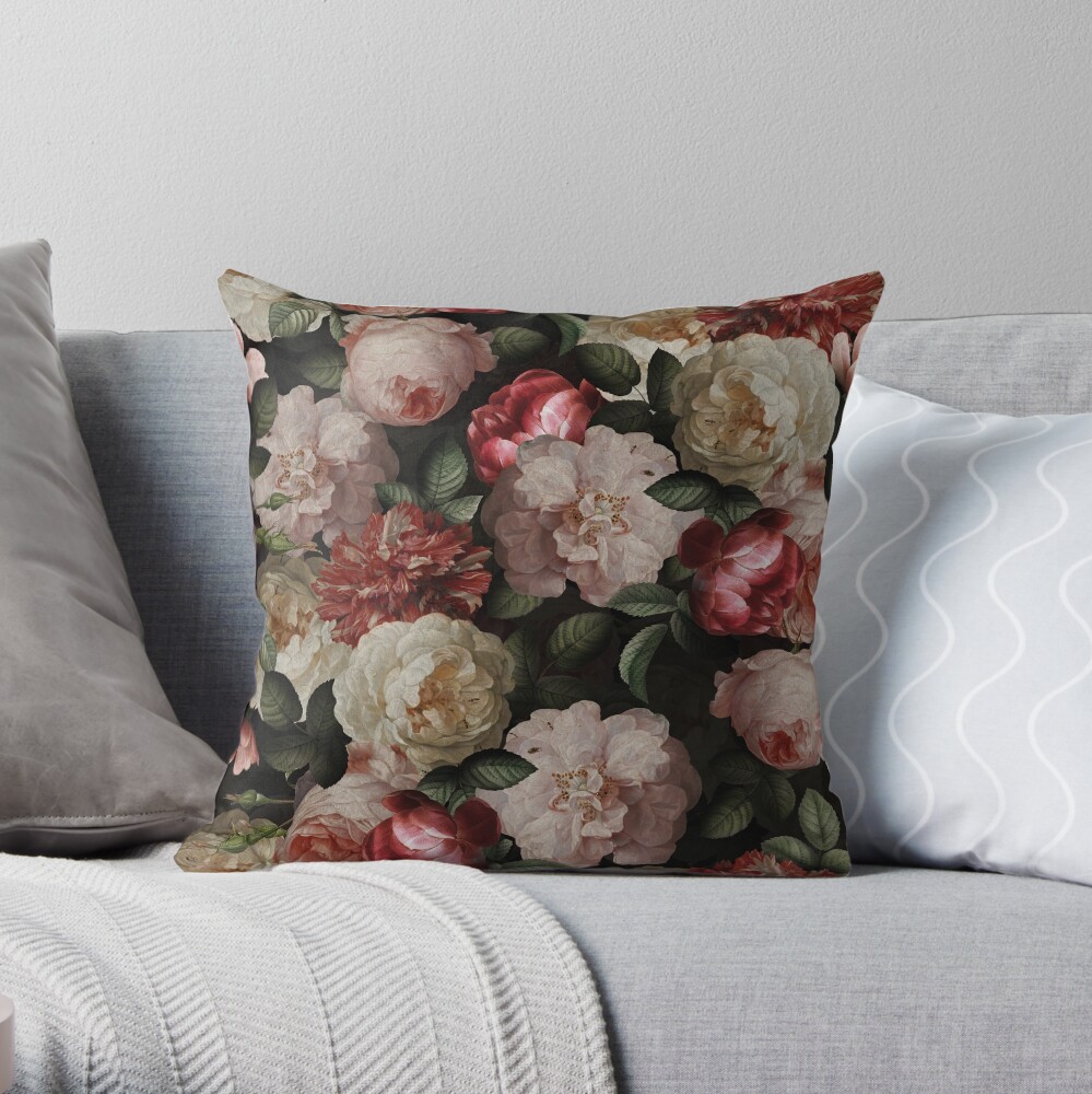 Antique Jan Davidsz. de Heem Lush Roses Flowers On Black Pattern Throw Pillow