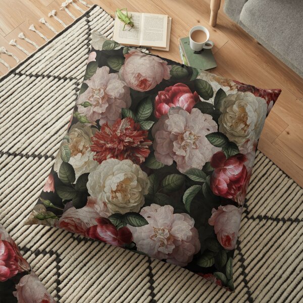 Antique Jan Davidsz. de Heem Lush Roses Flowers On Black Pattern Floor Pillow
