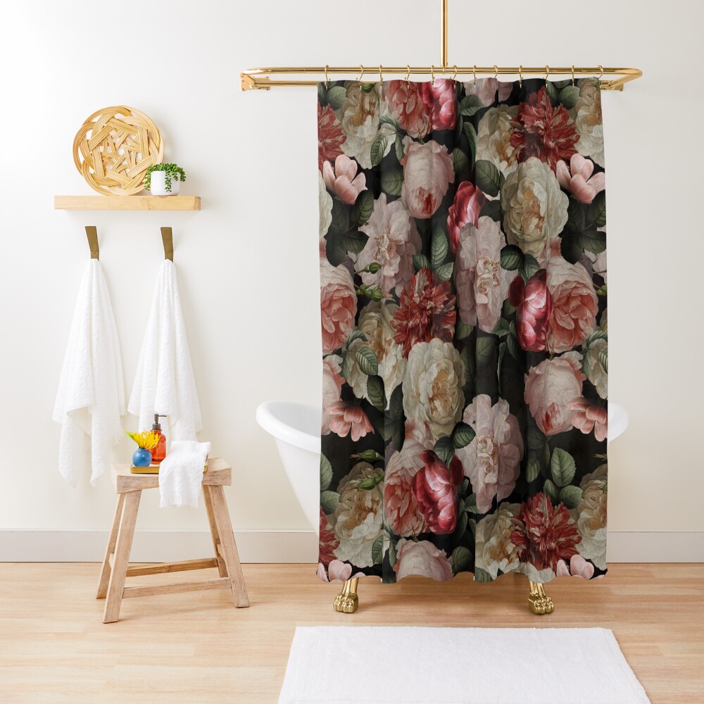 Antique Jan Davidsz. de Heem Lush Roses Flowers On Black Pattern Shower Curtain