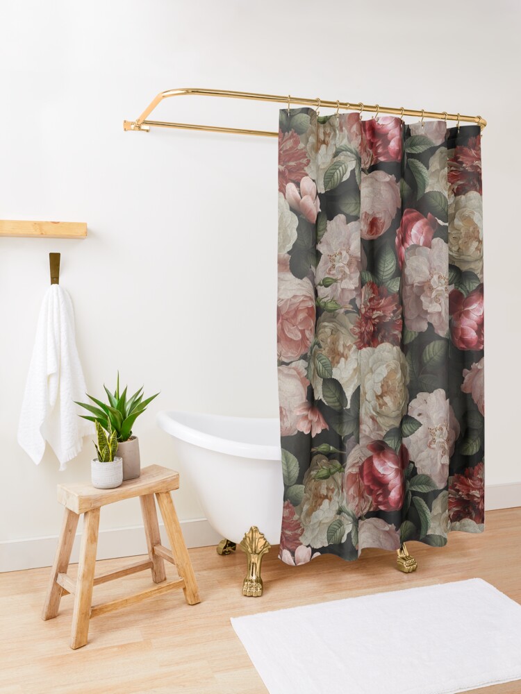 Alternate view of Antique Jan Davidsz. de Heem Lush Roses Flowers On Black Pattern Shower Curtain
