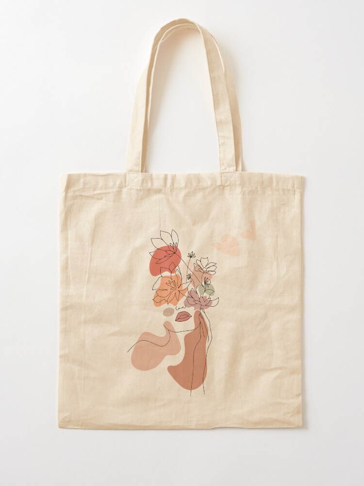Alternate view of Abstract Line Art Woman With Flowers Tote Bag