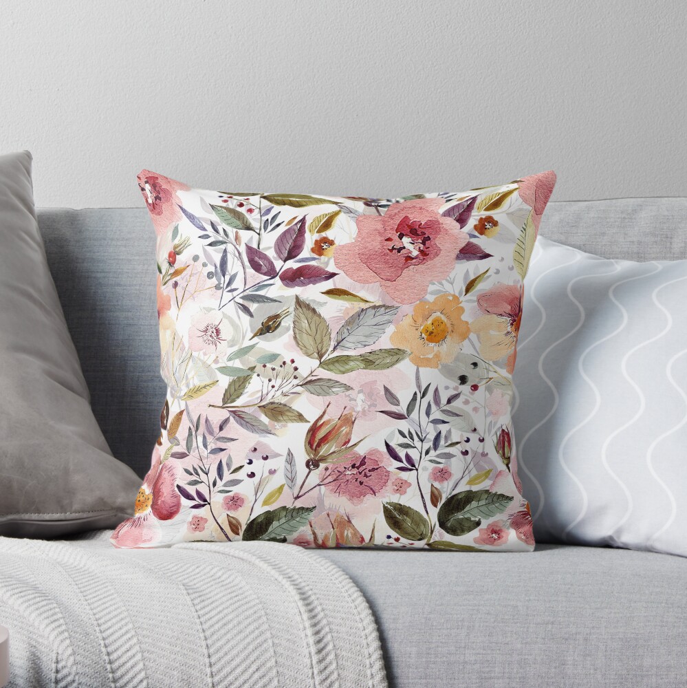 Forest Watercolor flowers Throw Pillow