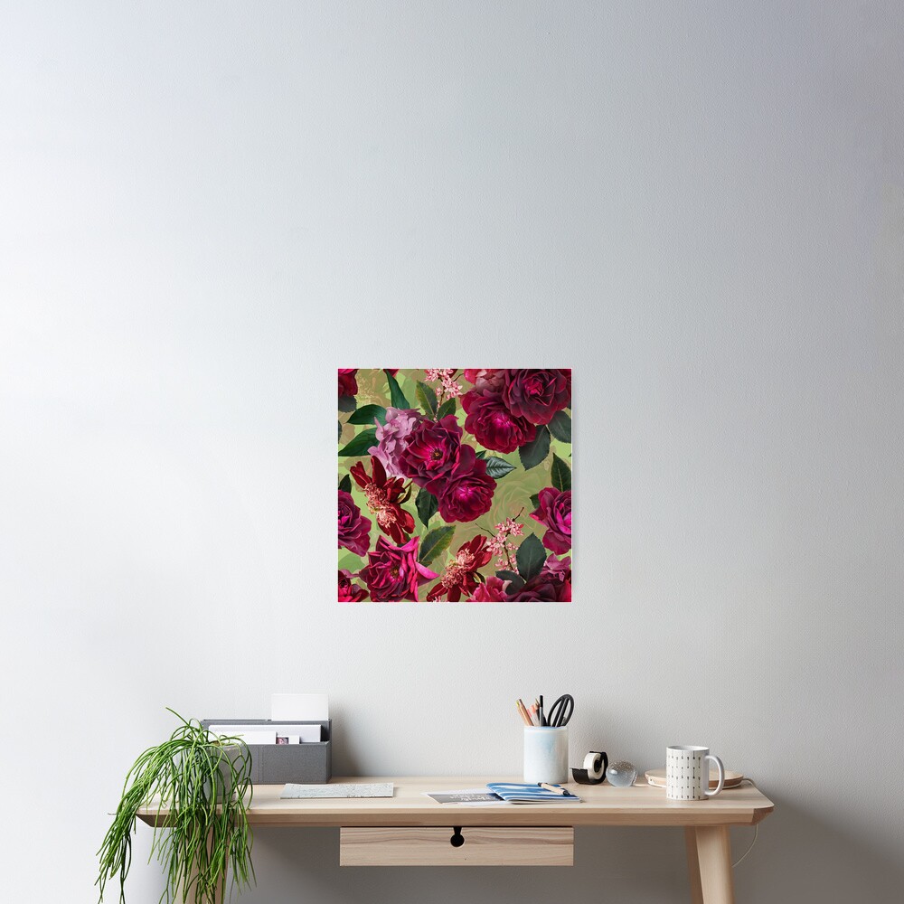 Antique Green Botanical Flower Rose Garden Poster