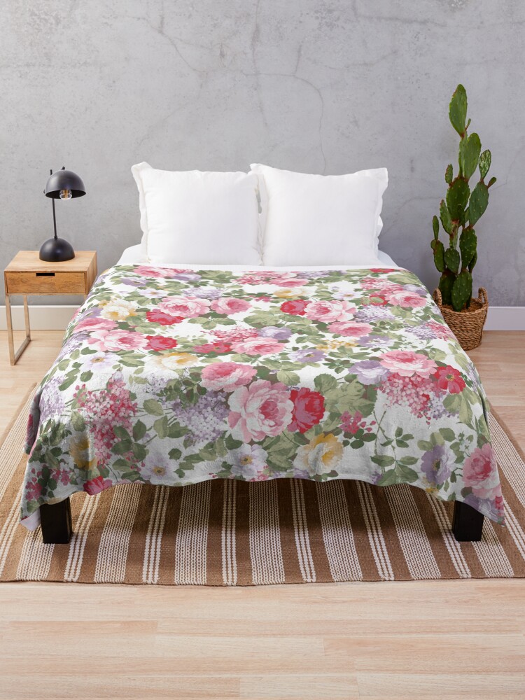 Thumbnail 1 of 6, Throw Blanket, Vintage elegant pink roses bohemian floral pattern designed and sold by Kicksdesign.