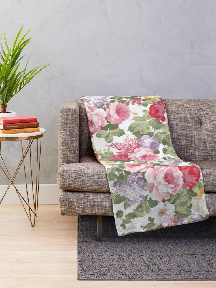 Throw Blanket, Vintage elegant pink roses bohemian floral pattern designed and sold by Kicksdesign
