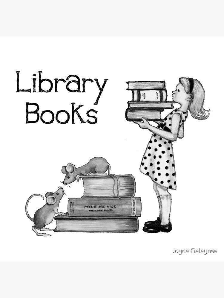 Library Books, Mice on Books, Girl Holding Books, Pencil Art, Kids Reading  | Art Board Print