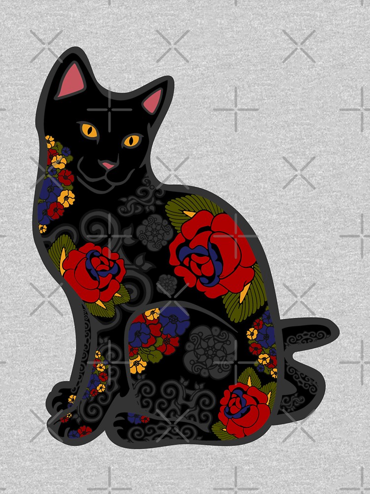 Black Cat with Flower Tattoos by epitomegirl